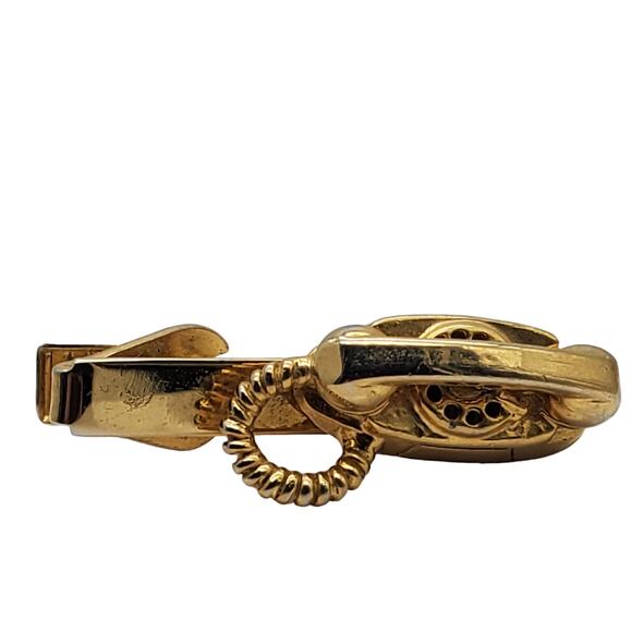 Gold Tone Telephone Tie Bar Rotary Phone Landline Corded Retro Clip Clasp - Picture 1 of 5